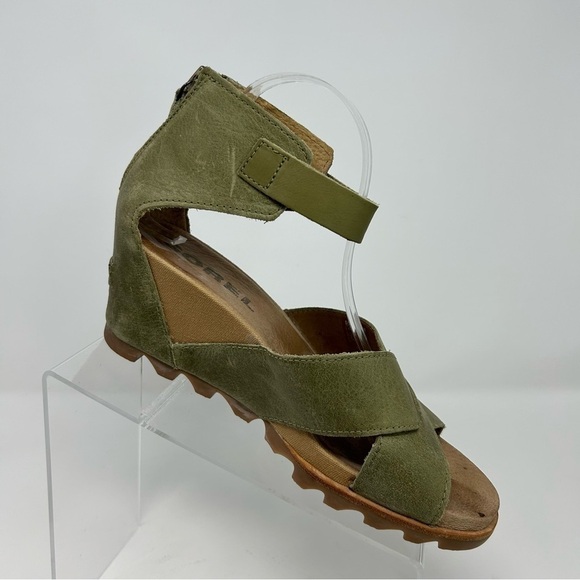 Sorel Joanie II Olive Green Leather Chunky Wedge Sandals Buckle Strap Size 10 - Picture 3 of 13